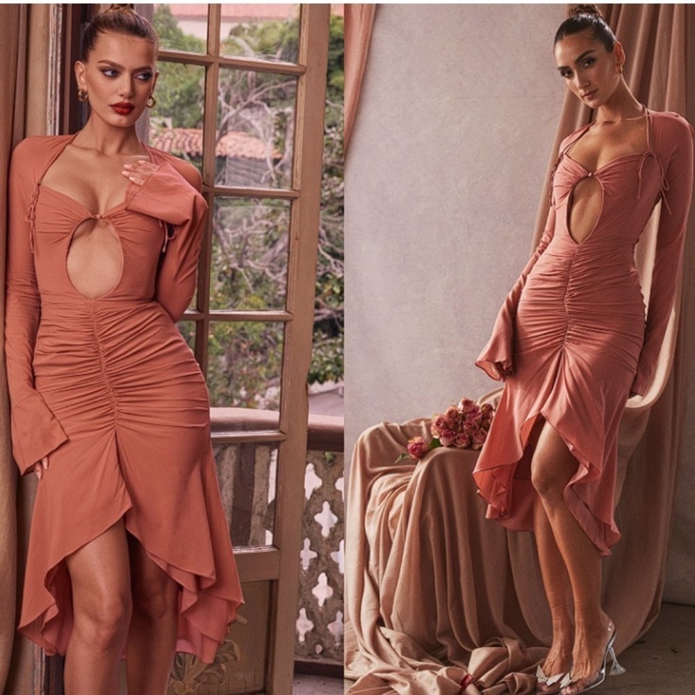 HOUSE OF CB 'Reine' Rose Real Silk Ruffle Midi Dress NWT - Picture 5 of 14
